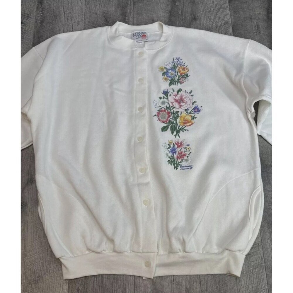 Vintage Morning‎ Sun Sweatshirt Grandma Flower Button Up White USA Made NEW - Picture 12 of 12